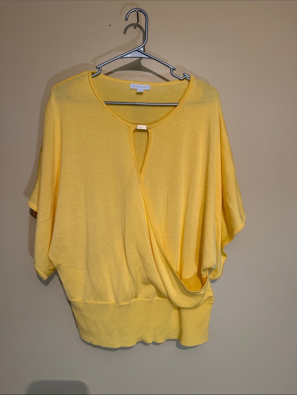 New York & Company Yellow Draped Keyhole Top